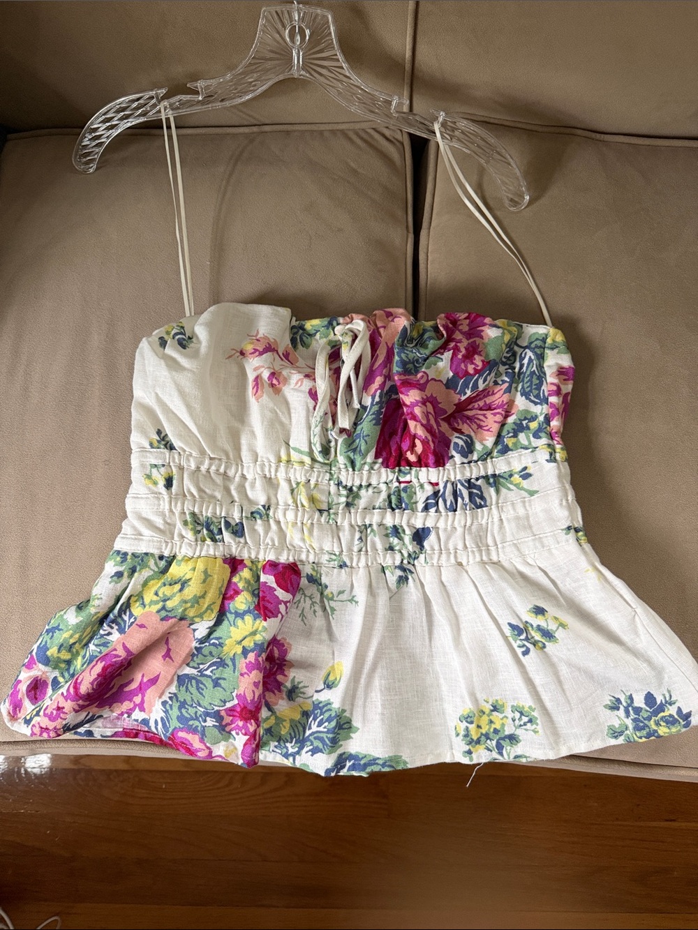 Anthropologie White Strapless Smocked Peplum Top with Pink & Green Floral